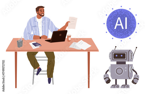 Man working at desk with laptop, paper, and coffee while interacting with robot and AI concept. Ideal for teamwork, technology, innovation, automation, data-driven work, collaboration simple flat