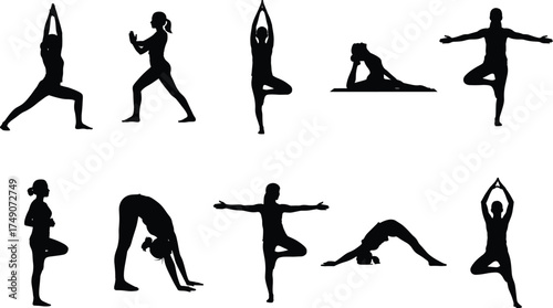 Silhouette yoga poses collection of women practicing balance, flexibility, meditation and stretching exercises for health, fitness, and mindfulness design