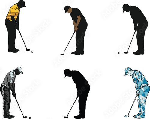 Golf putting pose illustration, golfer stance variations, sports vector set, putting technique, athletic motion, stylized outfit, training concept, editable design