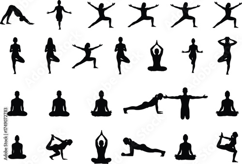 Silhouette Yoga Poses Collection of Men and Women Practicing Meditation, Balance, Flexibility, and Fitness Exercises Vector Illustration on White Background