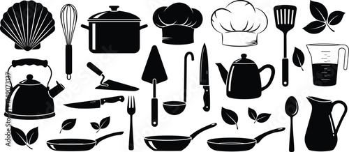 Kitchen utensil silhouette vector, black cooking tools illustration, chef hat, pot, whisk, pan, pitcher, teapot, food prep icon, culinary graphic set