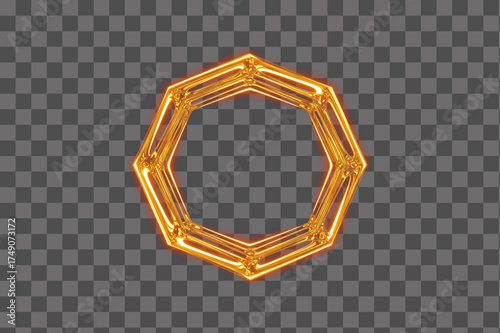 Glowing golden hexagon frame with fiery red neon illumination isolated transparent background PNG