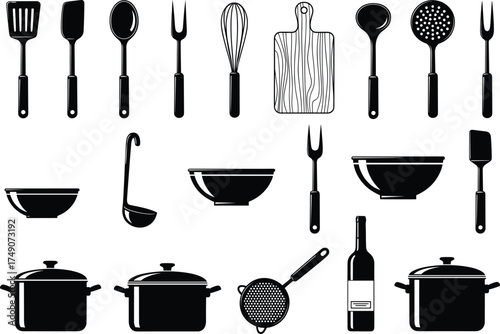 Kitchen utensil silhouette vector, black cooking tools illustration, spatula, whisk, pot, bowl, strainer, cutting board, wine bottle, culinary icon set