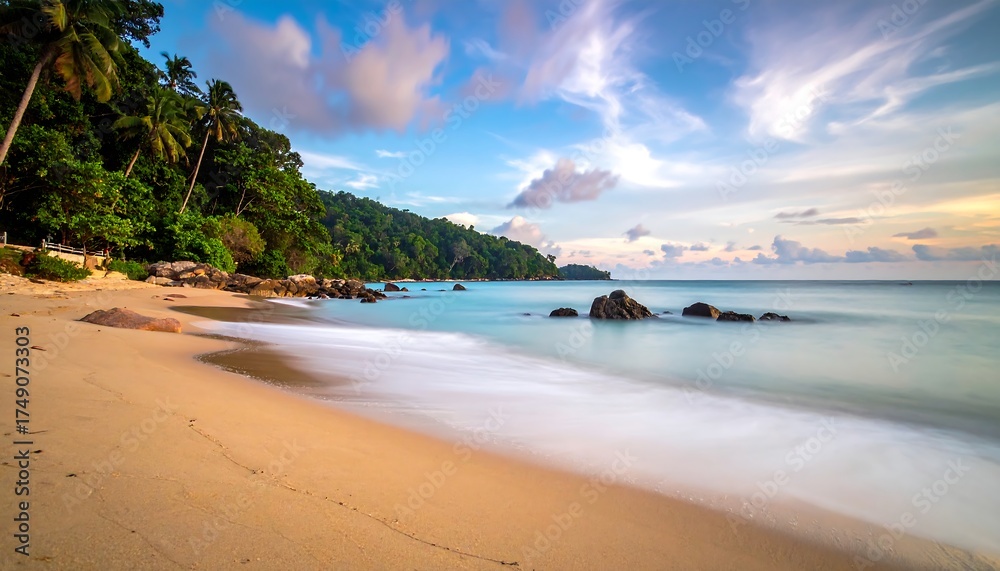 Fototapeta premium Tropical beach with sand, water, trees, and sky