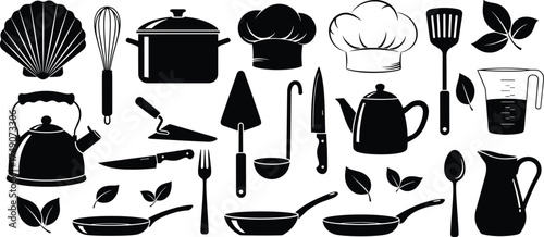 Kitchen utensil silhouette vector, black-and-white cooking tools illustration, chef hat, pot, whisk, pan, pitcher, teapot, food prep icon set