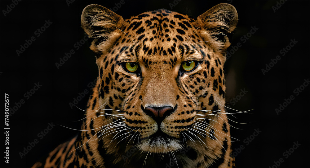 Obraz premium Majestic Leopard Portrait on Dark Background – Intense Wildlife Close-Up