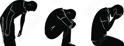Sad person silhouette, emotional distress posture, depression concept vector, grief illustration, mental health awareness, black figure art for therapy, psychology, support