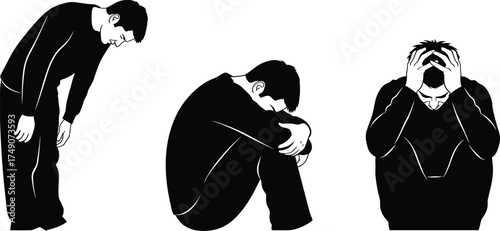 Sad person silhouette, emotional stress posture, depression concept vector, mental anguish illustration, black figure art for therapy, anxiety, grief, psychological awareness