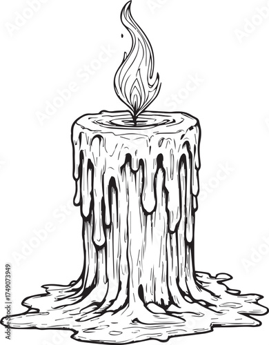 Melting candle with dripping wax and flickering flame in black-and-white symbolic line art illustration