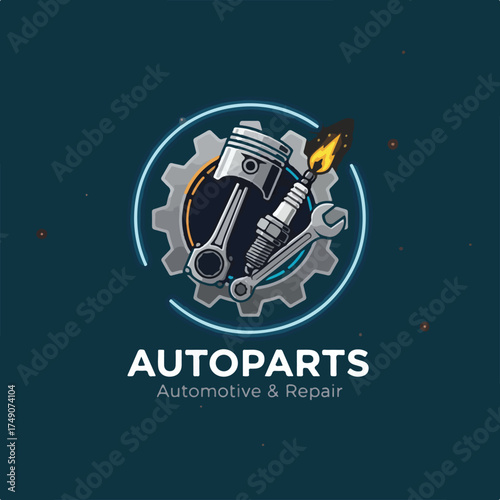 Autoparts in gear, auto piston, spark plug and wrench, logo design.eps