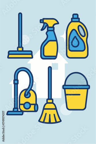 Flat cleaning icons with sparkling house background ideal for household visuals.