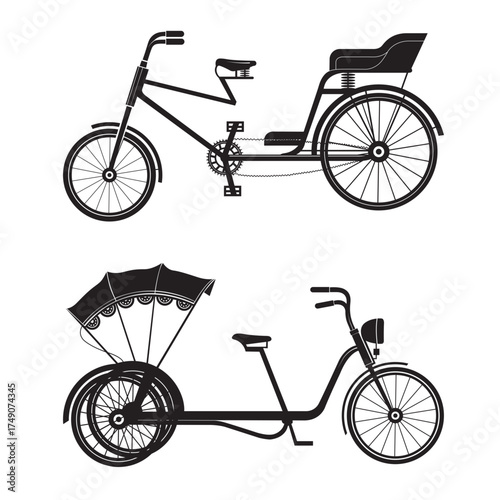 Traditional Cycle Rickshaw Vector Icon Illustration, Vintage Pedicab Silhouette Design.