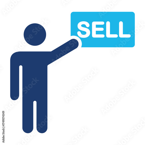 Sell Icon In Blue Monochrome Flat Design, Vector Illustration