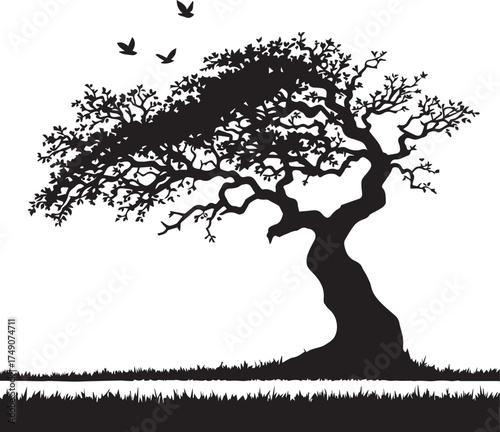 Silhouette of twisted tree with flying birds and grass in dramatic black-and-white nature line art