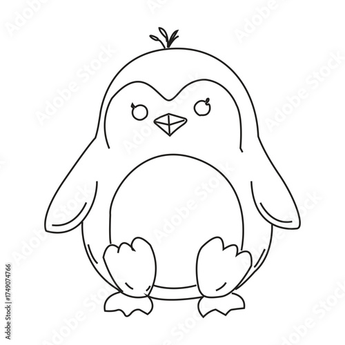 Cute cartoon penguin with tufted head and flippers in black-and-white minimalist line art illustration
