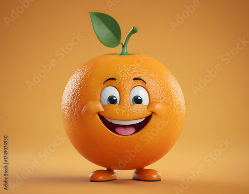 A cheerful cartoon orange character with a cute smile. Delicious orange fruit, a happy and funny food personage, and a funny cartoon orange close-up image.