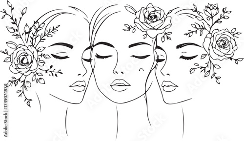 Three serene female faces with floral elements in symmetrical black-and-white line art illustration