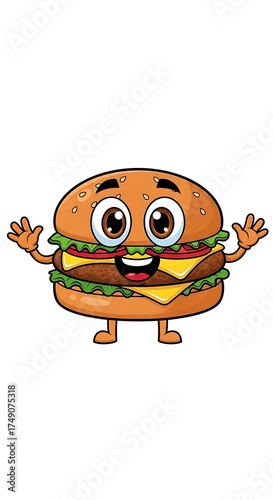 Cartoon Burger Character with Cheerful Expression and Waving Arms.
