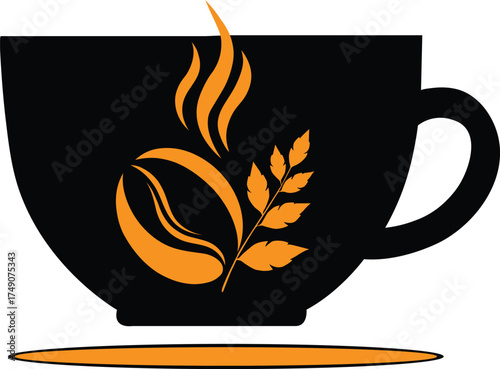 Stylized black coffee cup with steaming aroma and coffee bean and wheat design