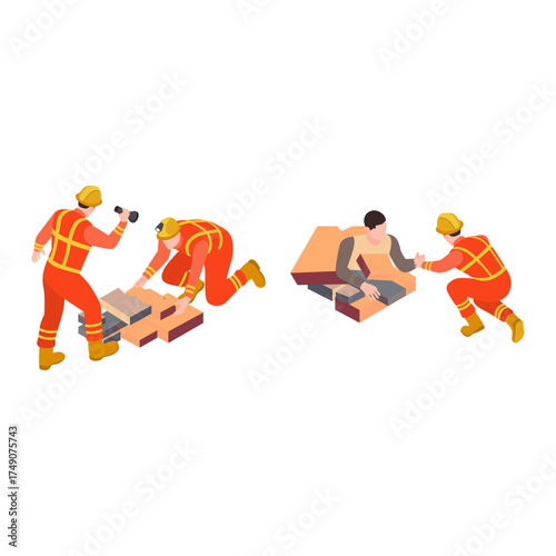 Two rescuers in orange uniforms assisting individuals amidst debris, demonstrating assistance and care