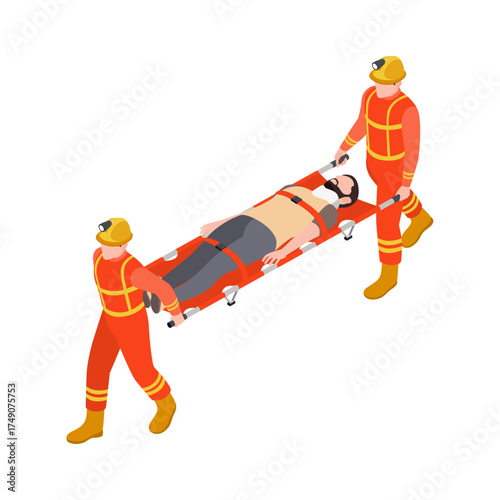 Isometric Illustration of Firefighters Transporting an Injured Person on a Stretcher for Emergency Medical Assistance