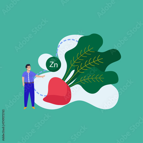 A man points to a large beet, illustrating its nutritional value as a rich source of the mineral Zinc