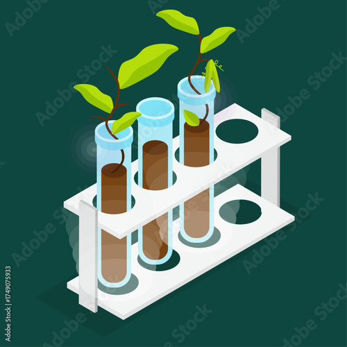 Illustration of plant growth in test tubes, depicting scientific experiment with sprouts and soil
