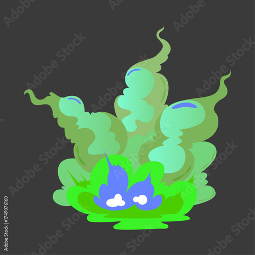 Explosion of green and blue smoke, cartoon-style effect, fire and energy burst illustration