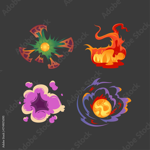 Colorful explosion effects vector illustration set on dark background for games and animation