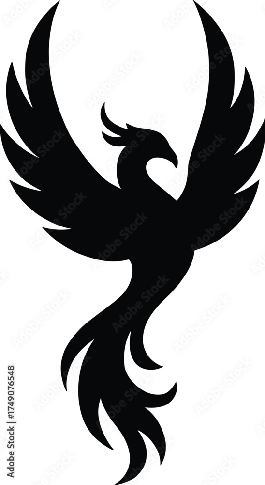 Fototapeta premium phoenix rising with wings spread wide and tail flames stylized, side profile, solid black silhouette