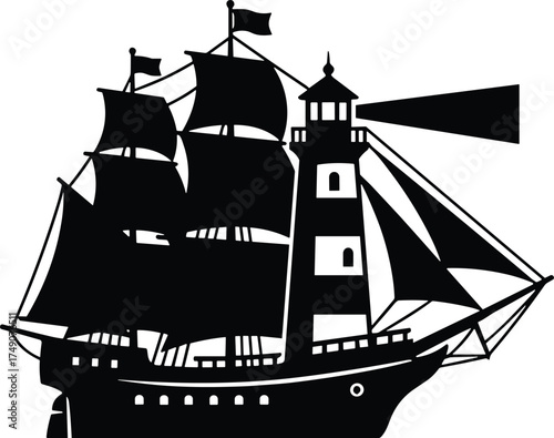 sailing lighthouse ship hybrid with sails and beacon tower combined, side profile, solid black silhouette