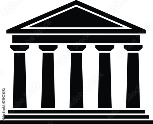 ancient Greek temple with columns and triangular pediment, front view, solid black silhouette