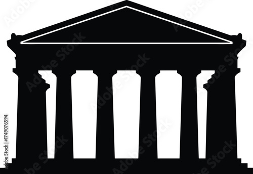 ancient Greek temple with columns and triangular pediment, front view, solid black silhouette