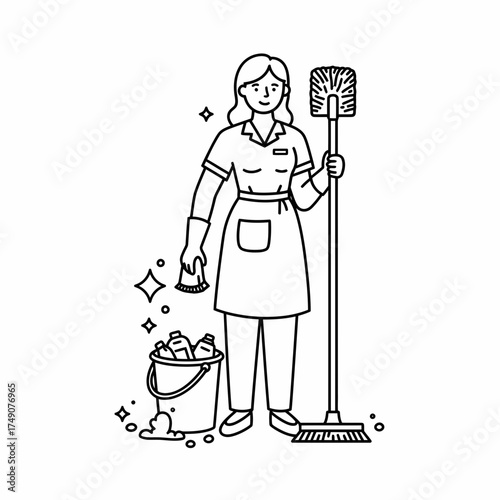 Cleaning Lady with Mop and Bucket
