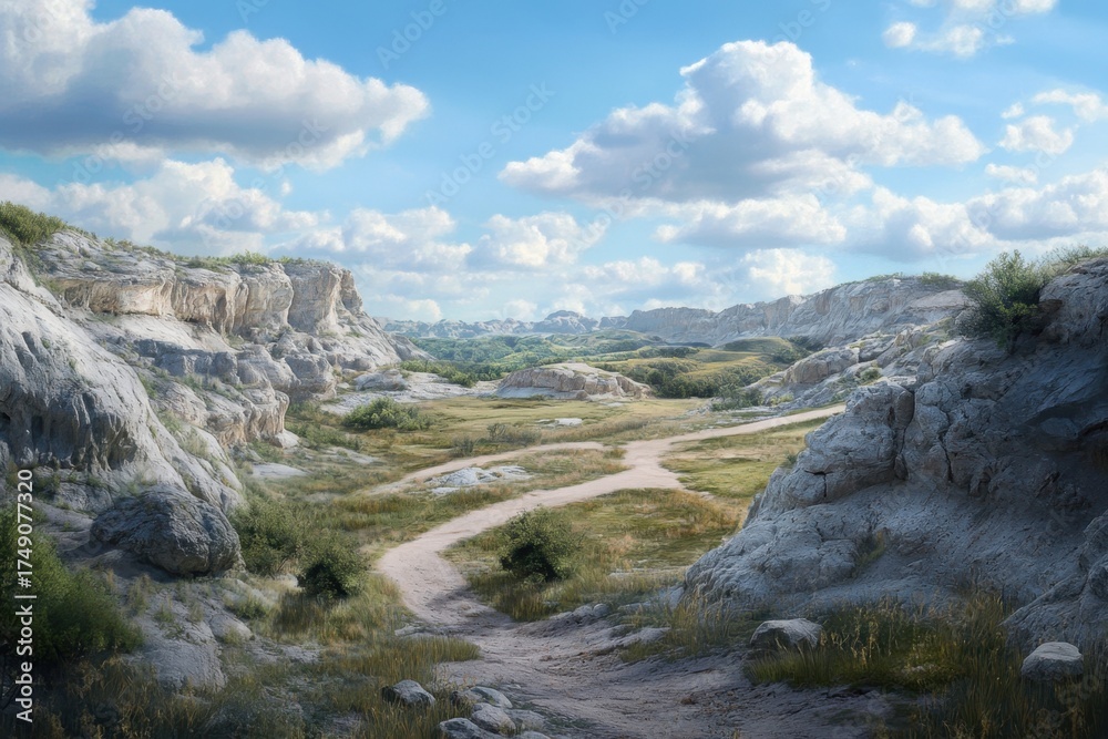 Obraz premium Scenic landscape featuring rocky terrain and a winding path under a blue sky
