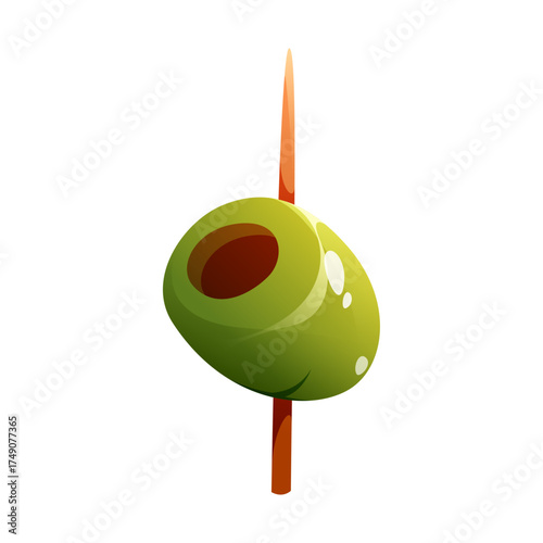 Single Green Olive on a Wooden Skewer, Isolated on White Background - Appetizer Ingredient
