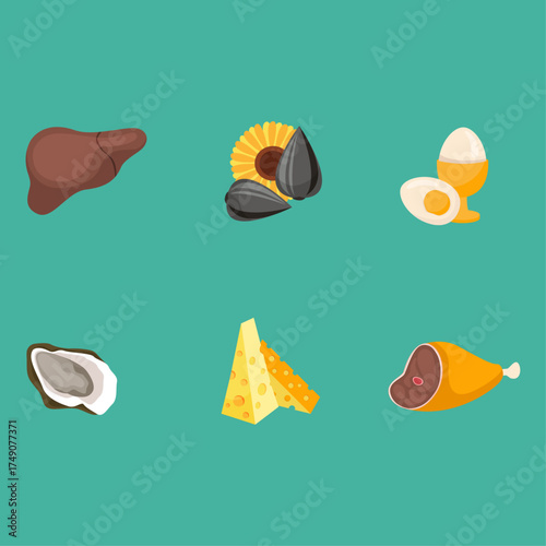 Healthy Liver, Sunflower Seeds, Boiled Egg, Oyster, Cheese, And Chicken Leg Icons Of Nutritious Food Sources