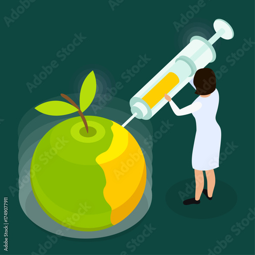 Abstract illustration of a scientist injecting a green apple with a syringe, representing biotechnology and genetic modification