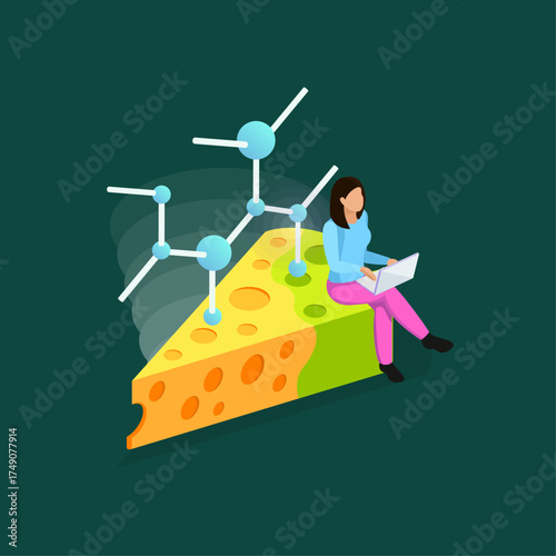 Abstract scientific molecule structure on a wedge of cheese with a person using a laptop computer