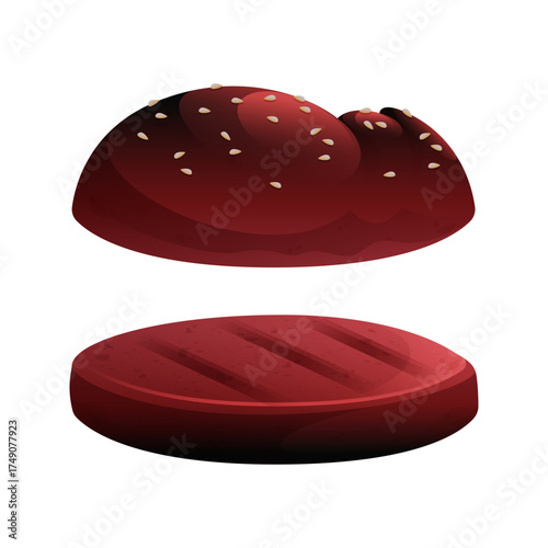 Delicious Burger Bun and Patty Isolated on White Background - Food Illustration