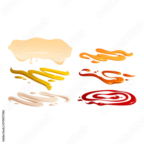 Collection of Sauces Splashes and Drips Isolated on White Background
