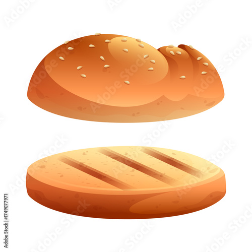 Hamburger bun halves with sesame seeds and grill marks on white background