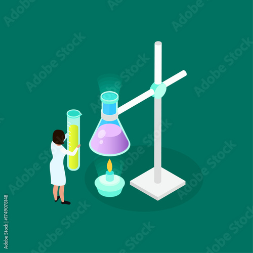 Scientist performing experiment with colorful liquid in flask and test tube on stand