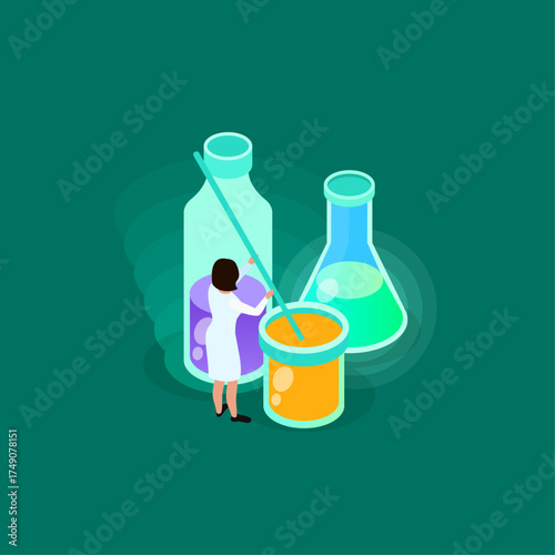 Scientific experiment with a scientist mixing liquids in a laboratory beaker and flasks