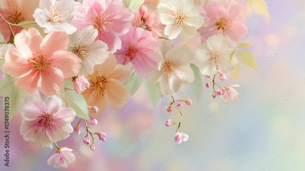 Obraz premium 春の淡色の花房が空色の壁面に軽やかに浮かぶ穏やかな朝の描写