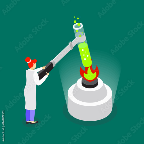 Scientist heating a chemical substance in a test tube over a Bunsen burner in a laboratory