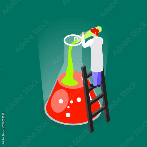 Scientist in Lab Coat Adds Green Liquid to Large Erlenmeyer Flask with Bubbles