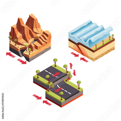 Earthquake Fault Types Illustrating Geological Plate Tectonics and Seismic Activity
