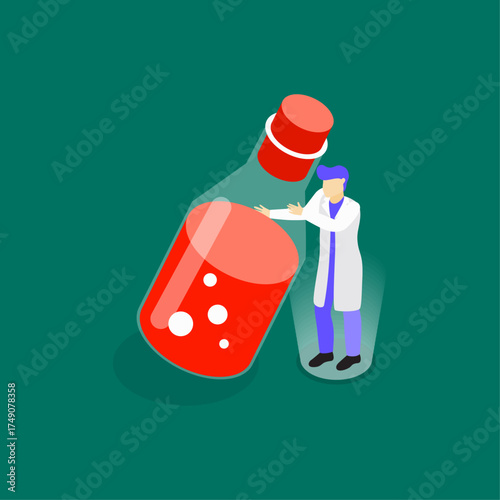 Scientist working in a laboratory with a large bottle filled with red liquid, research and development
