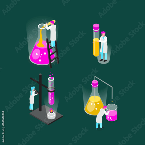 Scientists conducting experiments with liquids in laboratory beakers and test tubes